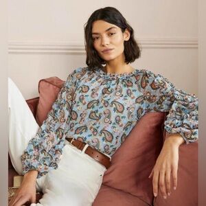 Boden dusty blue paisley bloom ruffle detail raglan blouse womens 10 Swiss Dot